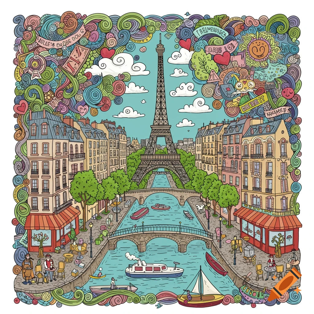 A colorful doodle-style illustration of Paris, featuring the Eiffel Tower over a river with boats, surrounded by whimsical patterns and buildings.