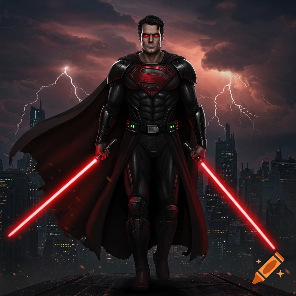 Dark Superman with red eyes and black suit holds two red lightsabers, standing on a rooftop overlooking a stormy city with lightning.