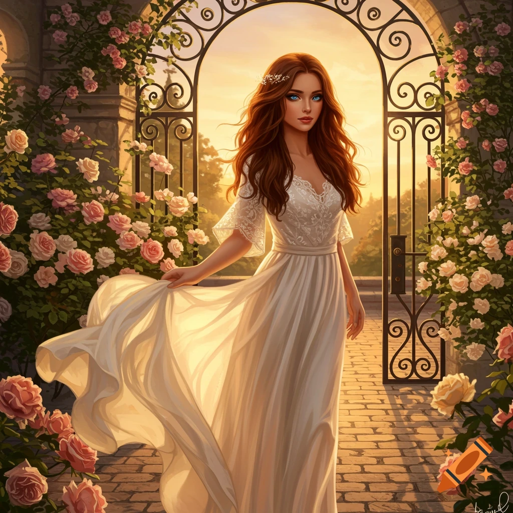 A beautiful woman with long brown hair in a flowing white dress stands in a rose-covered archway with a sunset background.