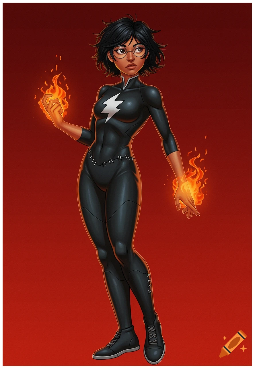 A young superheroine with short black messy hair, glasses, and a black suit with a white lightning bolt, conjuring fire from her hands, in a comic book art style.