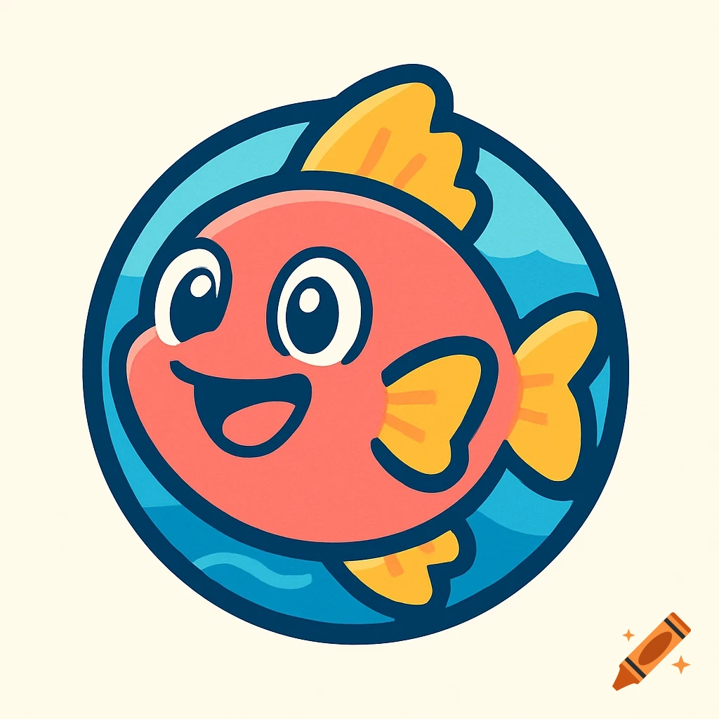 A colorful cartoon fish logo with a happy expression, set within a blue circle.