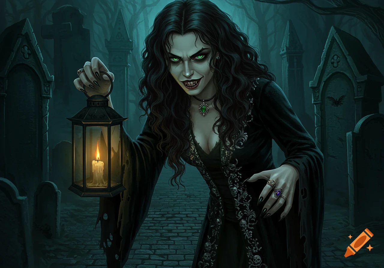 A dark fantasy illustration of a female crypt keeper with fangs and glowing green eyes, holding a lit lantern in a gothic graveyard.