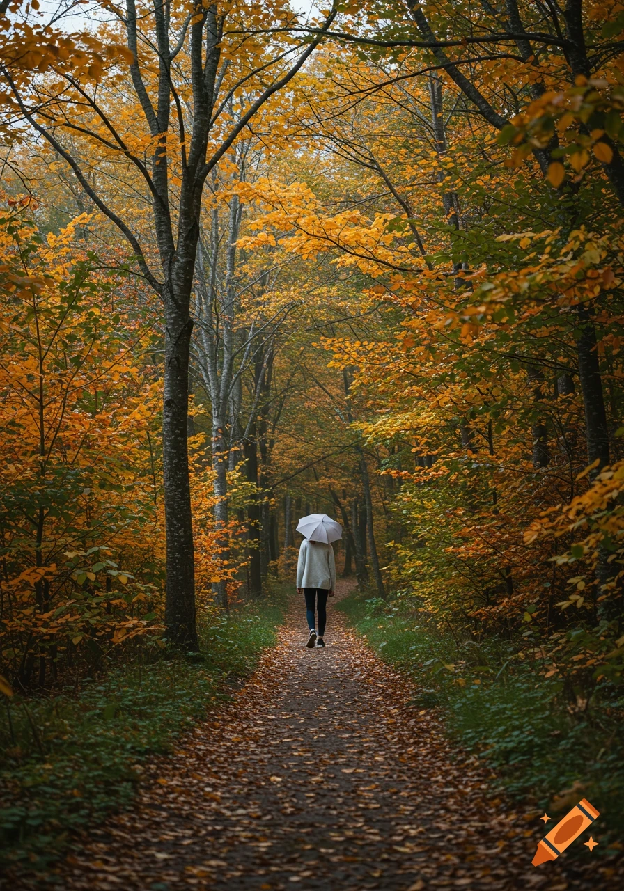 A person with a white umbrella walks on a leaf-covered path through a forest filled with vibrant orange and yellow autumn trees.
