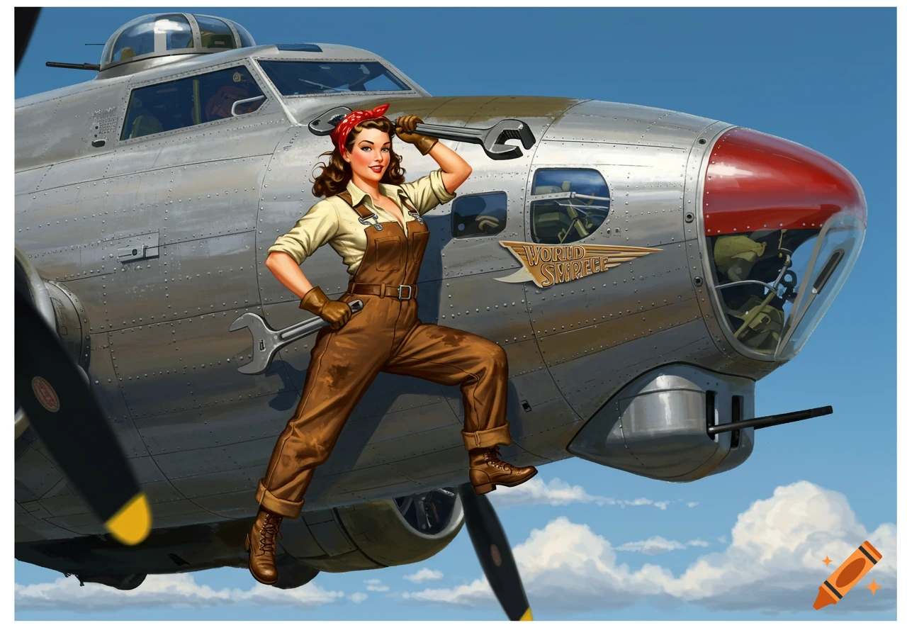 A pin-up style illustration of a woman in brown coveralls and a red bandana holding two wrenches while standing on the wing of a silver WWII bomber plane.