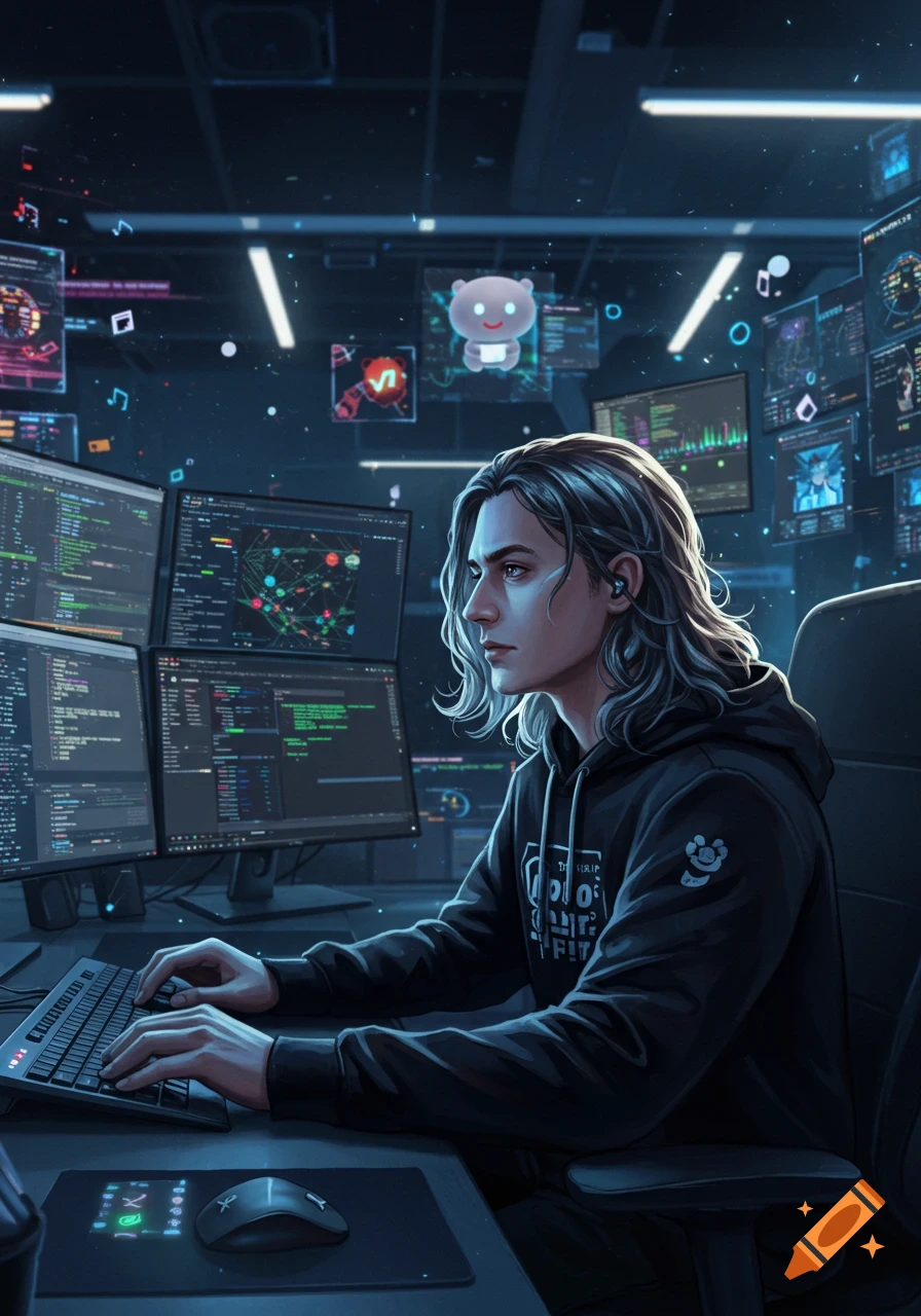 A long-haired person wearing a dark hoodie types on a keyboard at a desk with multiple glowing computer monitors displaying code and data in a futuristic, dark room.