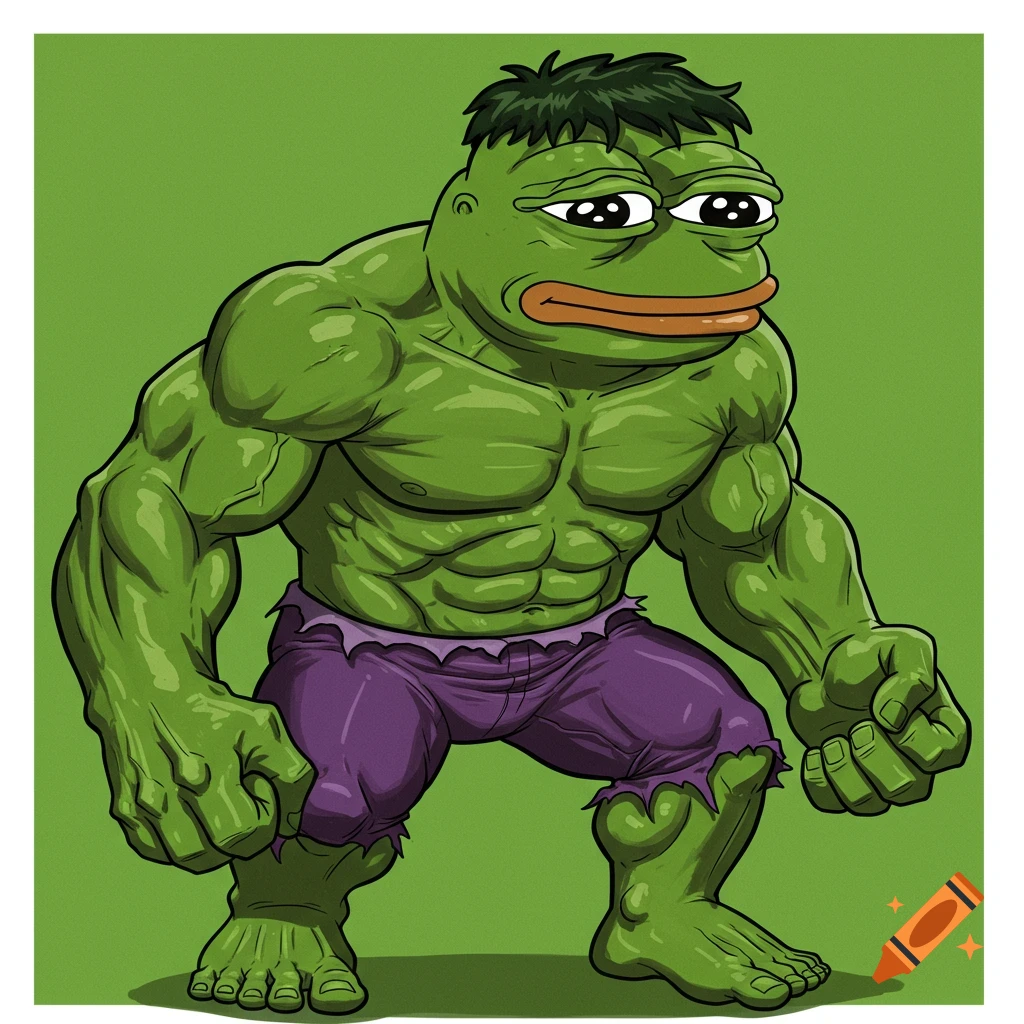 A cartoon illustration of Pepe the Frog as the Hulk, muscular and green with torn purple pants, in a crouching stance on a green background.