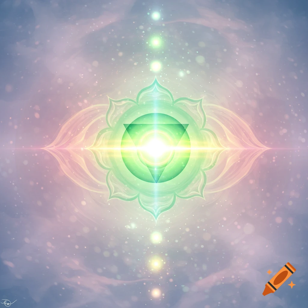 Ethereal heart chakra symbol glowing green with light rays, surrounded by a pastel, cosmic background with scattered light particles.