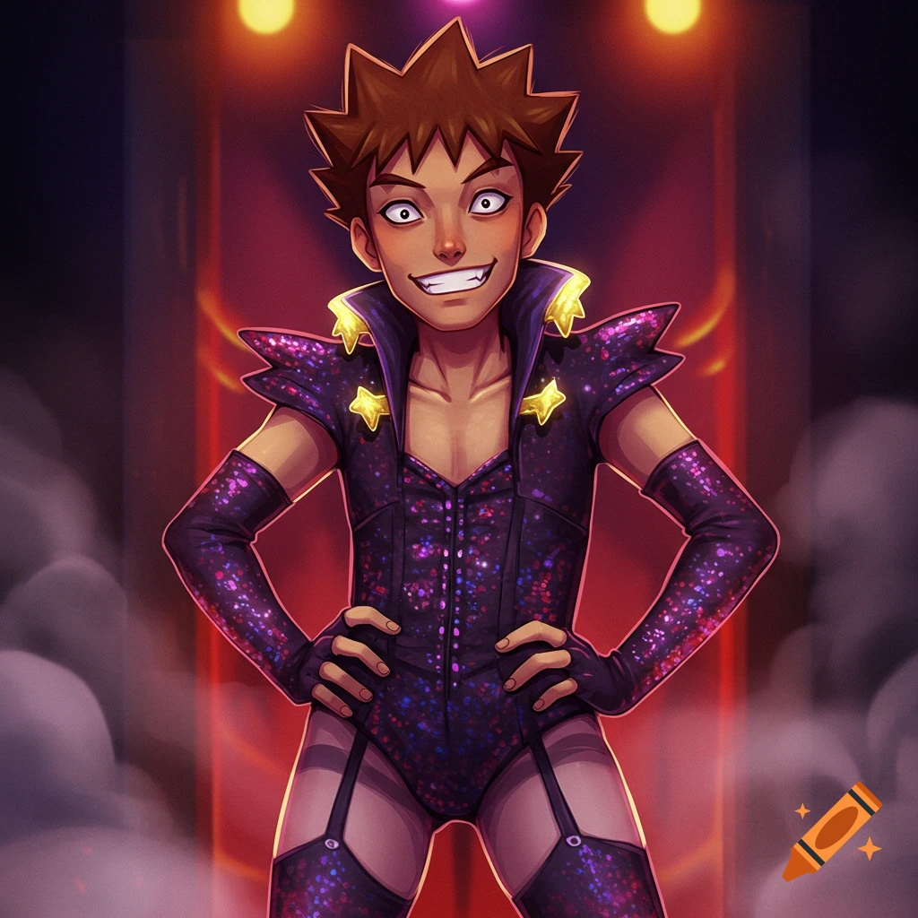An anime-style character resembling Brock from Pokemon in a sparkling dark purple and gold theatrical costume with a wide smile on a stage.