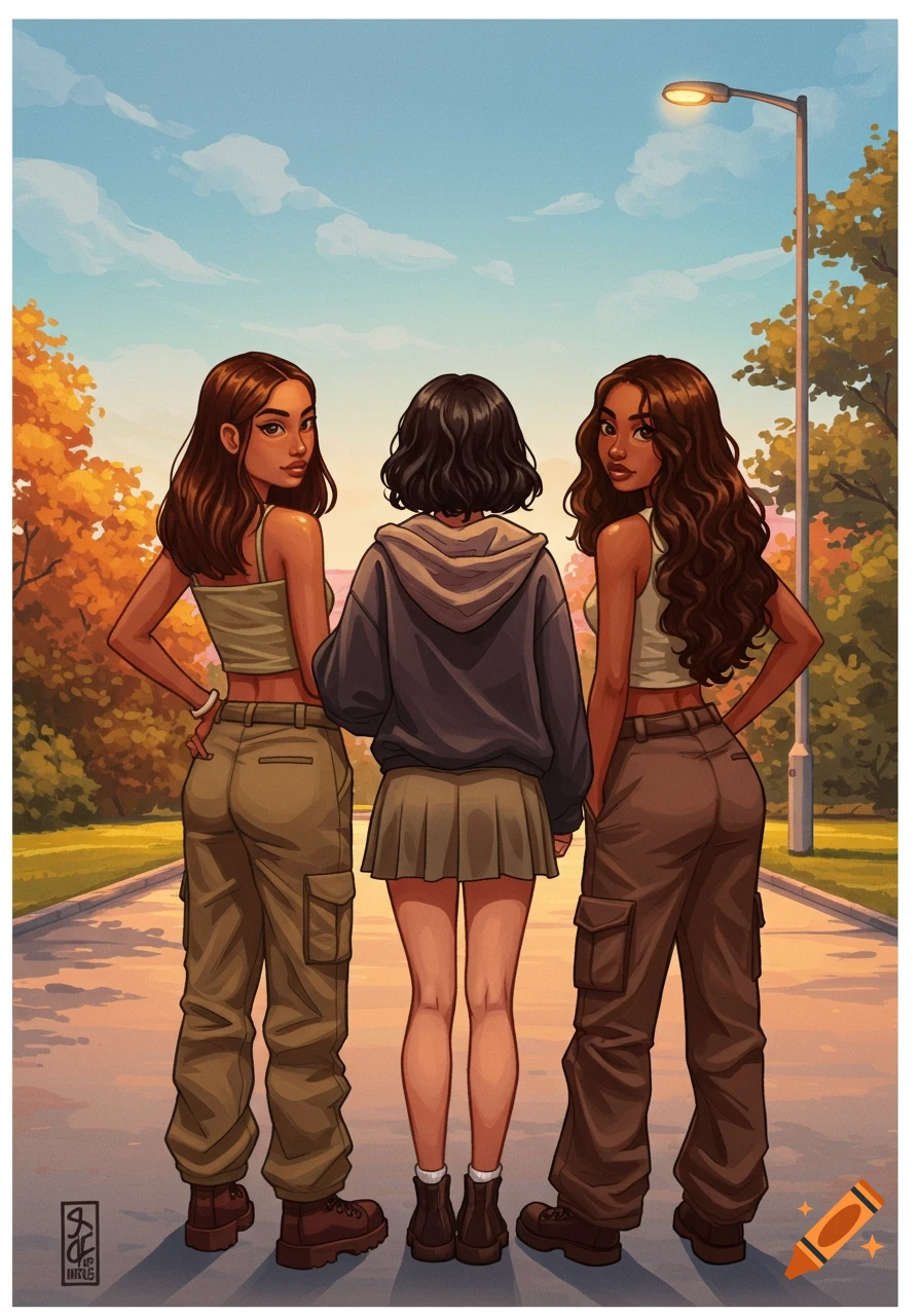 Illustrated image of three young women walking down a park path, two looking back at the viewer.