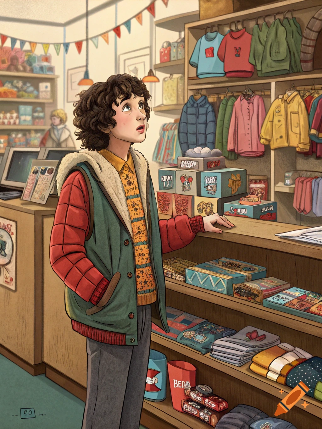 A stylized illustration of a young person with curly hair, wearing a red and green jacket over a patterned yellow sweater, looking up in a colorful shop with shelves of clothes and items.