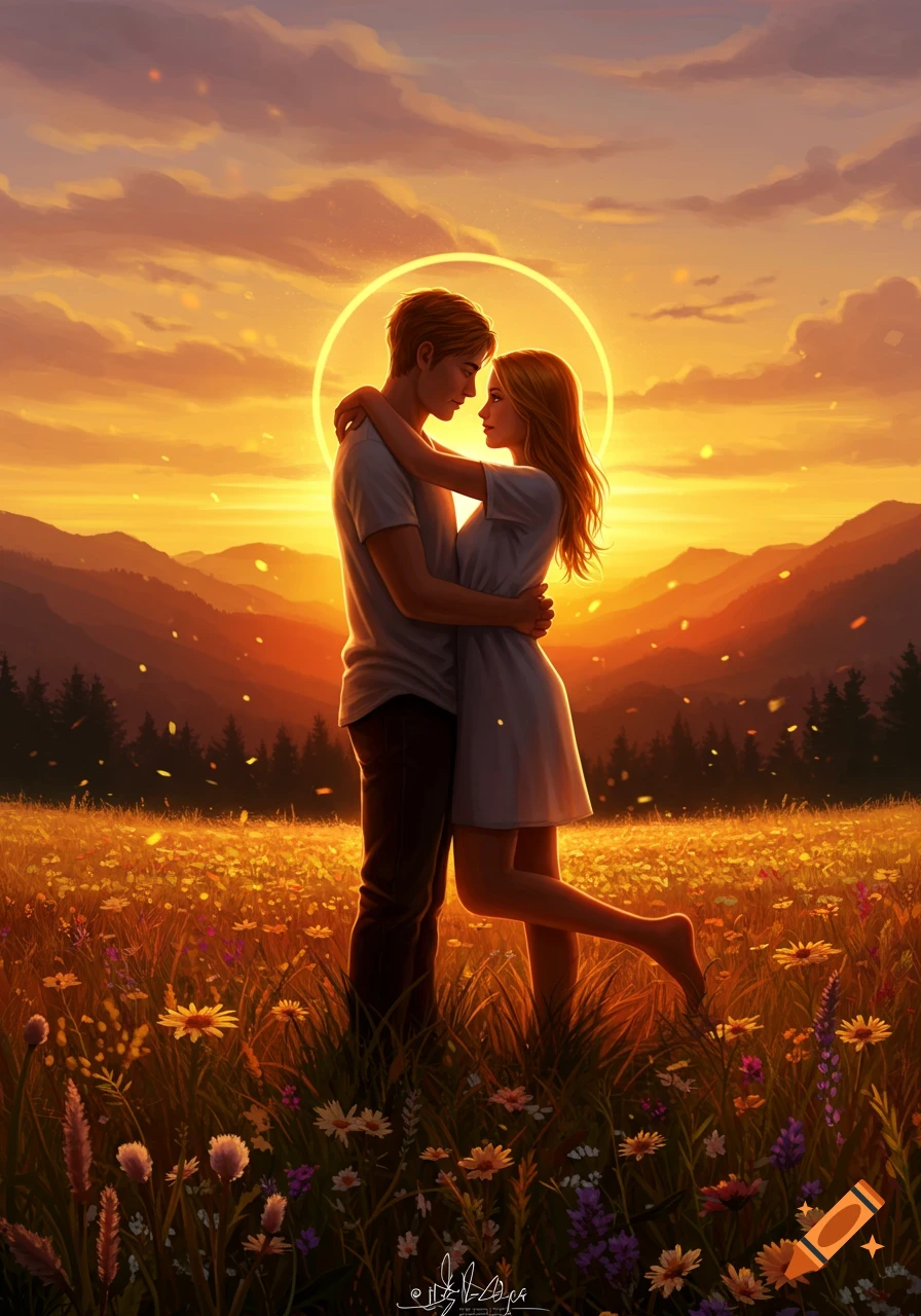 An illustrative image of a man and woman embracing in a vibrant flower field at sunset, with mountains in the background.
