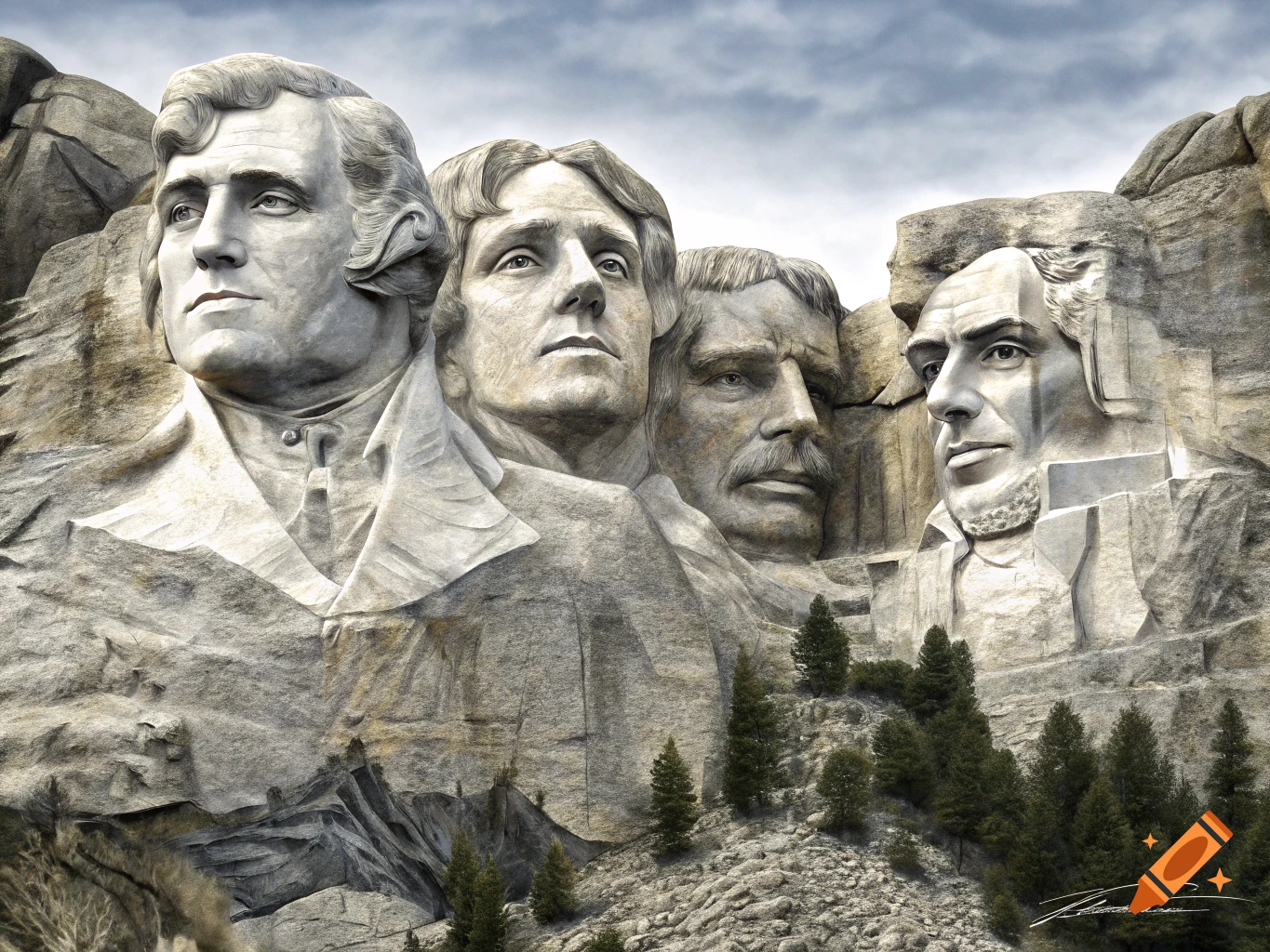 Photorealistic carving of a mountain with the faces of Tom Brady, Bobby Orr, Ted Williams, and Bill Russell, resembling Mount Rushmore.