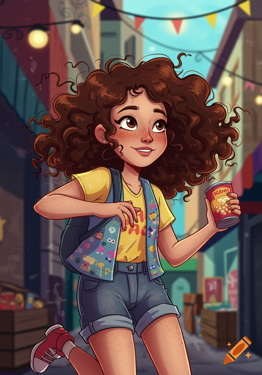 A smiling cartoon girl with curly brown hair and freckles, wearing a yellow shirt and denim shorts, walks in a bustling street scene, holding a can labeled "BEANIS."