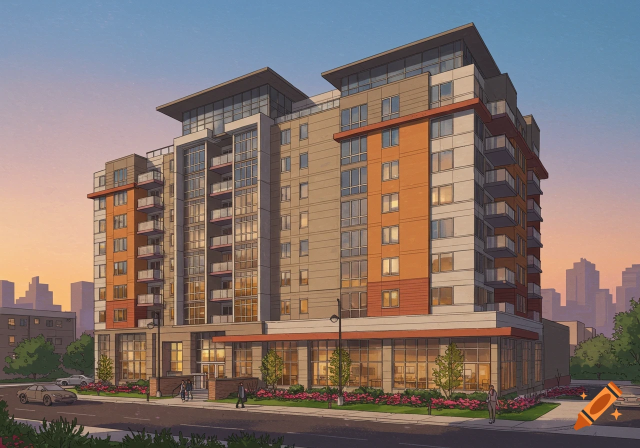 Architectural illustration of a modern multi-story condominium building with orange and gray sections, balconies, and ground-floor retail at dusk.
