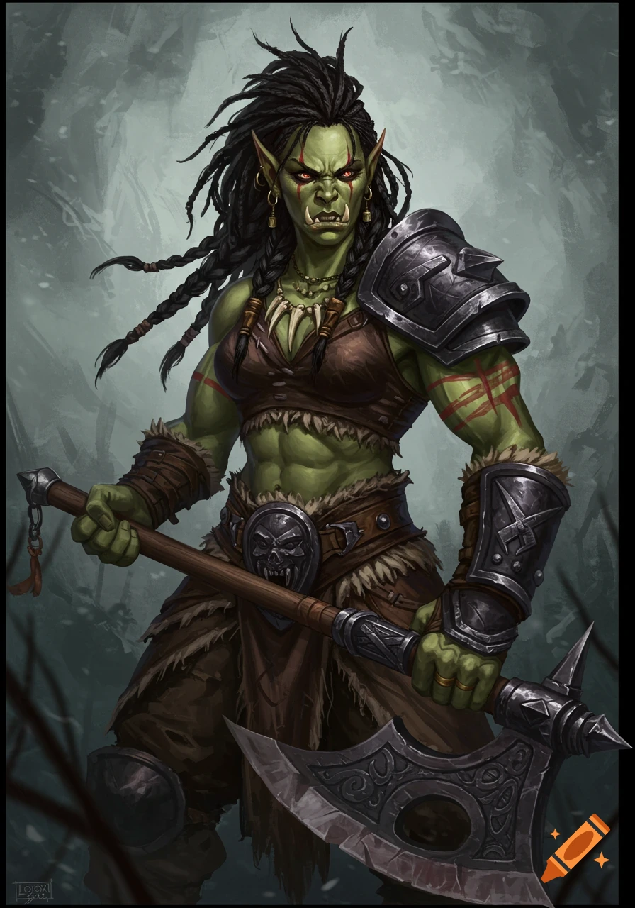 A muscular green-skinned female orc warrior with braided dreadlocks, wearing leather and metal armor, holds a large double-bladed battle axe.