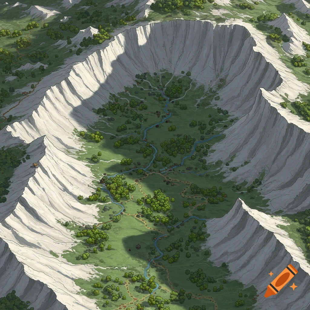 A top-down fantasy map showing a lush green valley with a winding blue river, scattered forests, and trails, surrounded by towering white limestone cliffs.