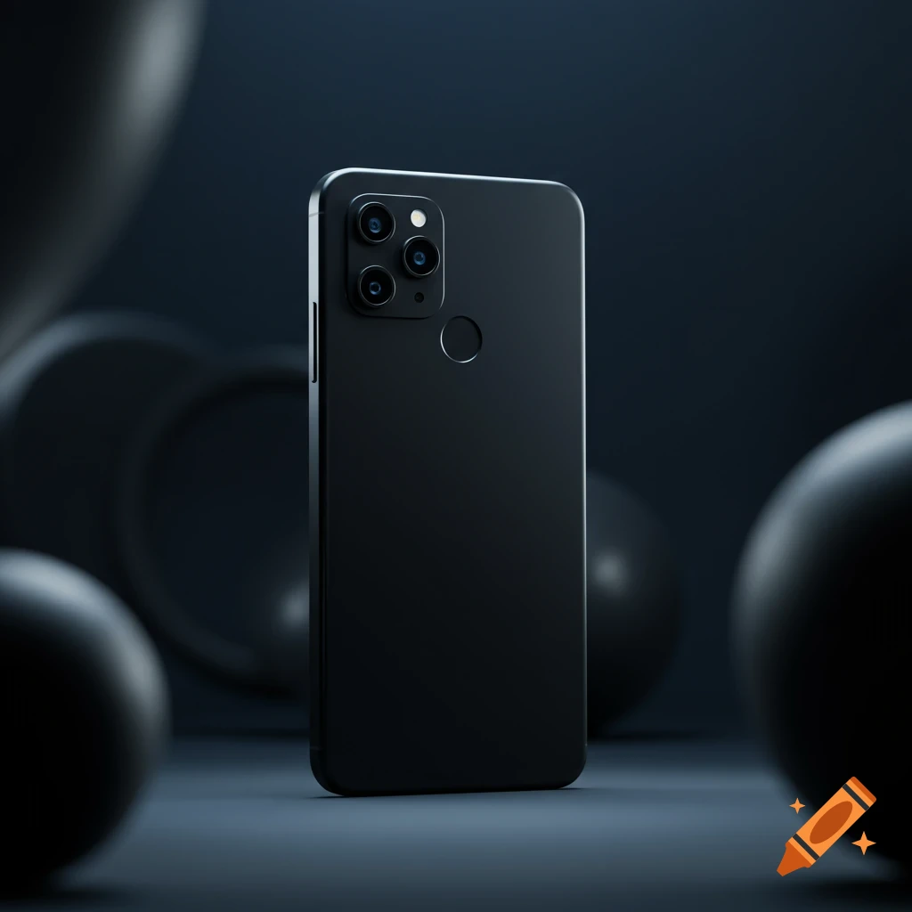 A sleek black smartphone with multiple camera lenses and a circular sensor on its back stands vertically against a dark, blurred background with out-of-focus spheres.