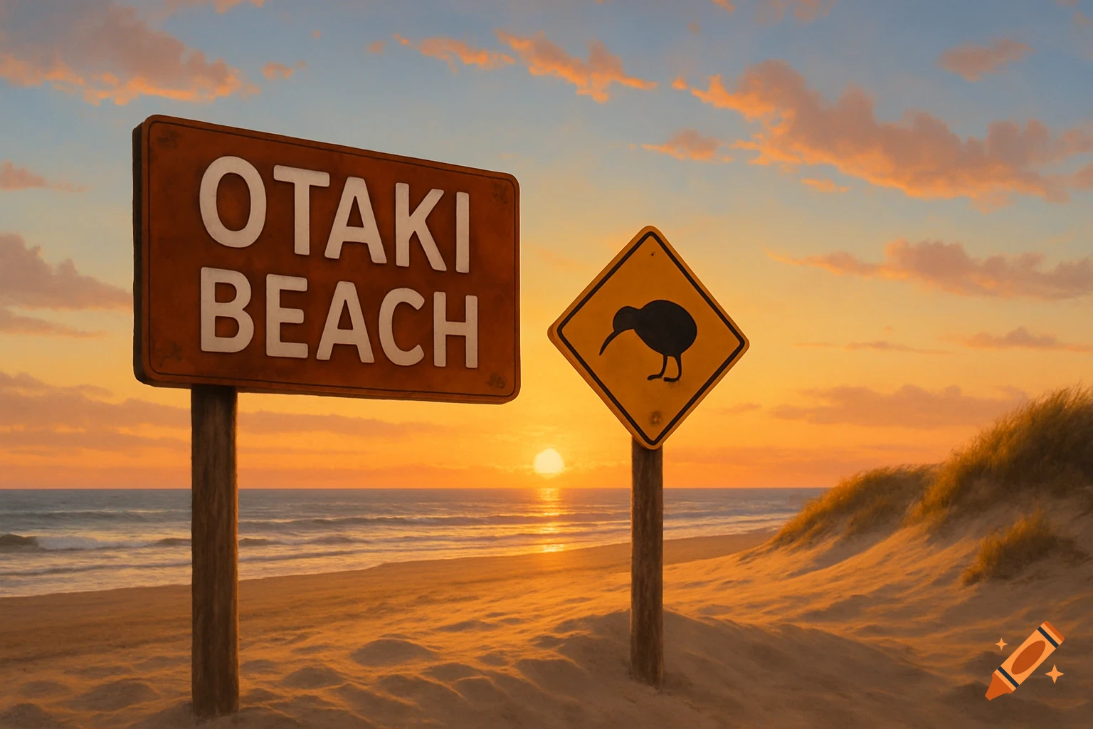Photorealistic image of Otaki Beach sign and a kiwi bird warning sign on a sandy beach at sunset.