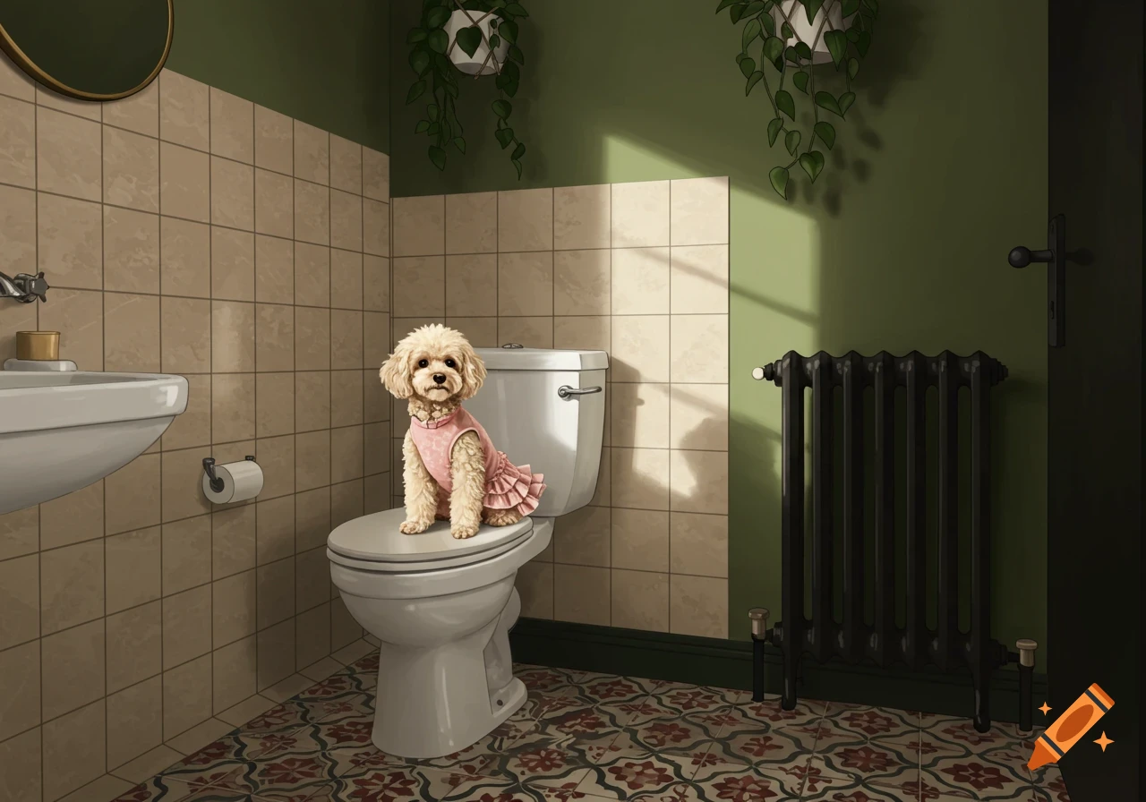 A cream-colored poodle dog wearing a pink frilly dress sits on a toilet in a stylish bathroom with beige tiles and an olive green accent wall.