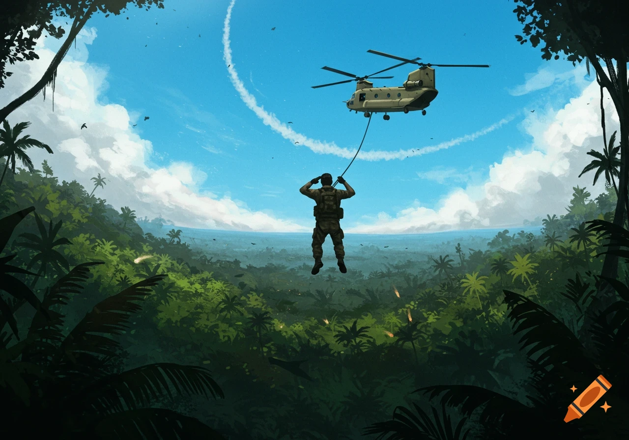 A soldier rappels from a CH-47 Chinook helicopter into a lush jungle, saluting the aircraft as it flies away under a blue sky.