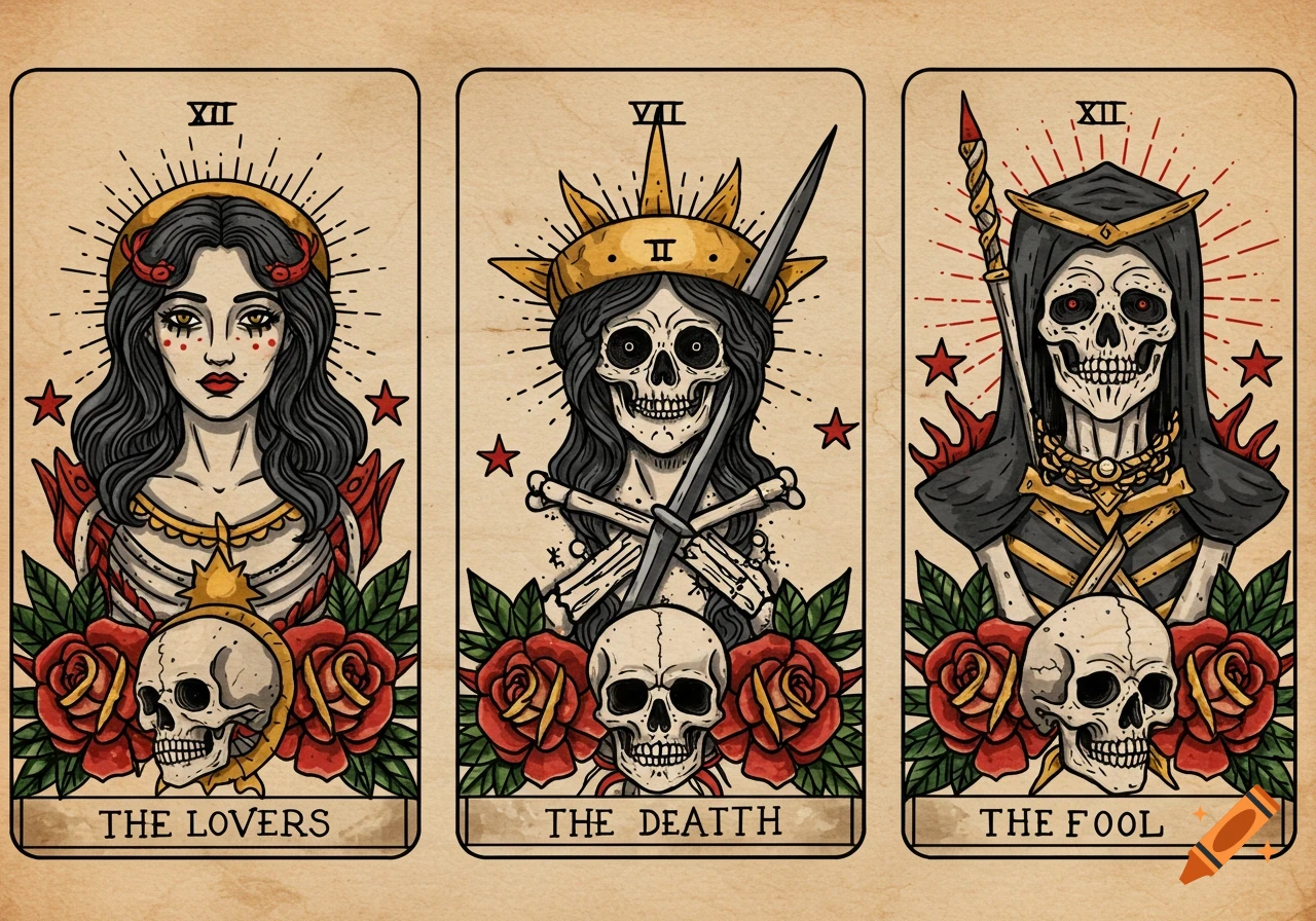 Three tarot cards in traditional tattoo style: The Lovers, Death, and The Fool, featuring skulls, roses, and bold outlines on a parchment background.
