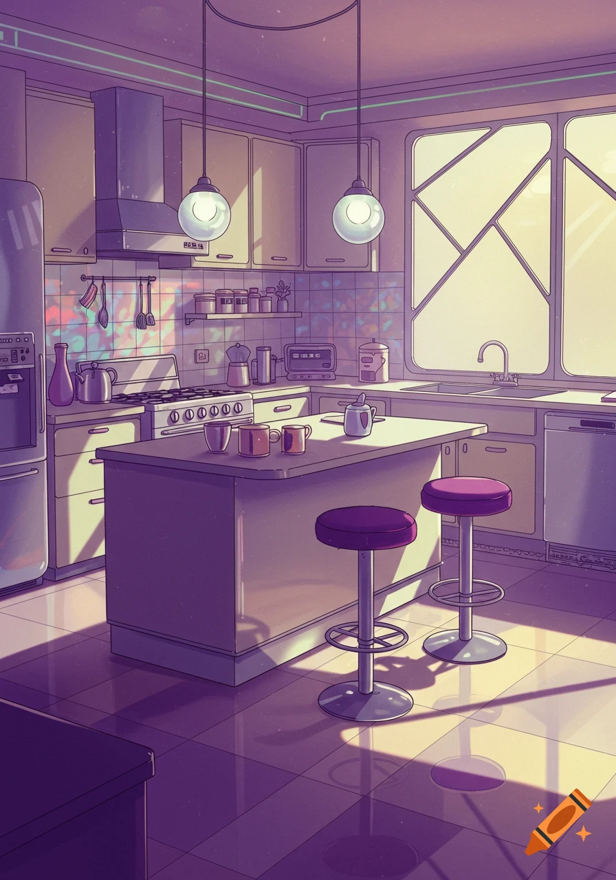 A y2k-style, cozy kitchen in shades of purple and yellow, featuring an island with stools, appliances, and a large window.