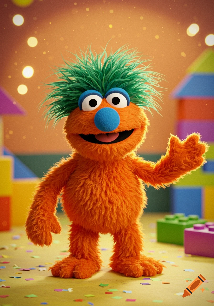 An orange furry puppet with green spiky hair and a blue nose smiles, standing on a floor with colorful confetti among blurred building blocks.