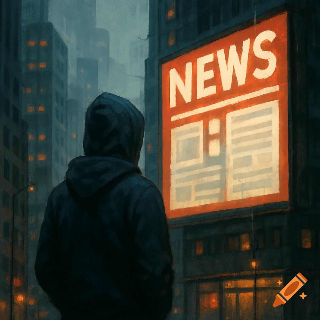 A person in a hoodie looks at a large glowing billboard displaying 'NEWS' in a dark, stylized city.