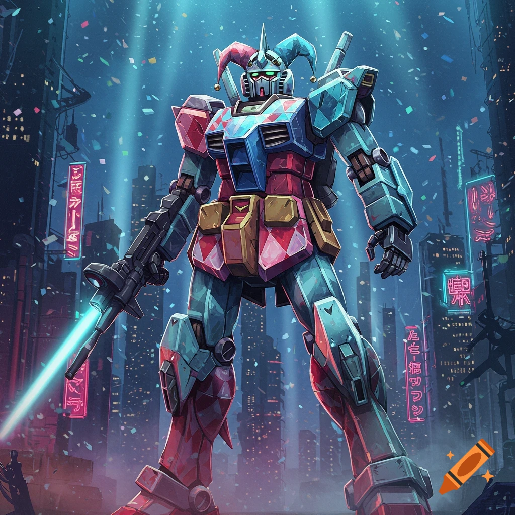A harlequin-themed Gundam robot holding a glowing rifle stands in a futuristic city with falling confetti.