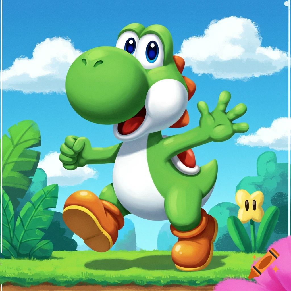 A vibrant cartoon illustration of Yoshi, a green dinosaur, running through a grassy landscape under a blue sky.