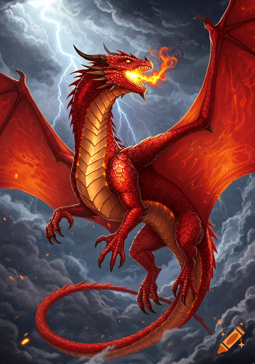 A majestic red dragon with large fiery wings breathes fire amidst a stormy sky with bright lightning.