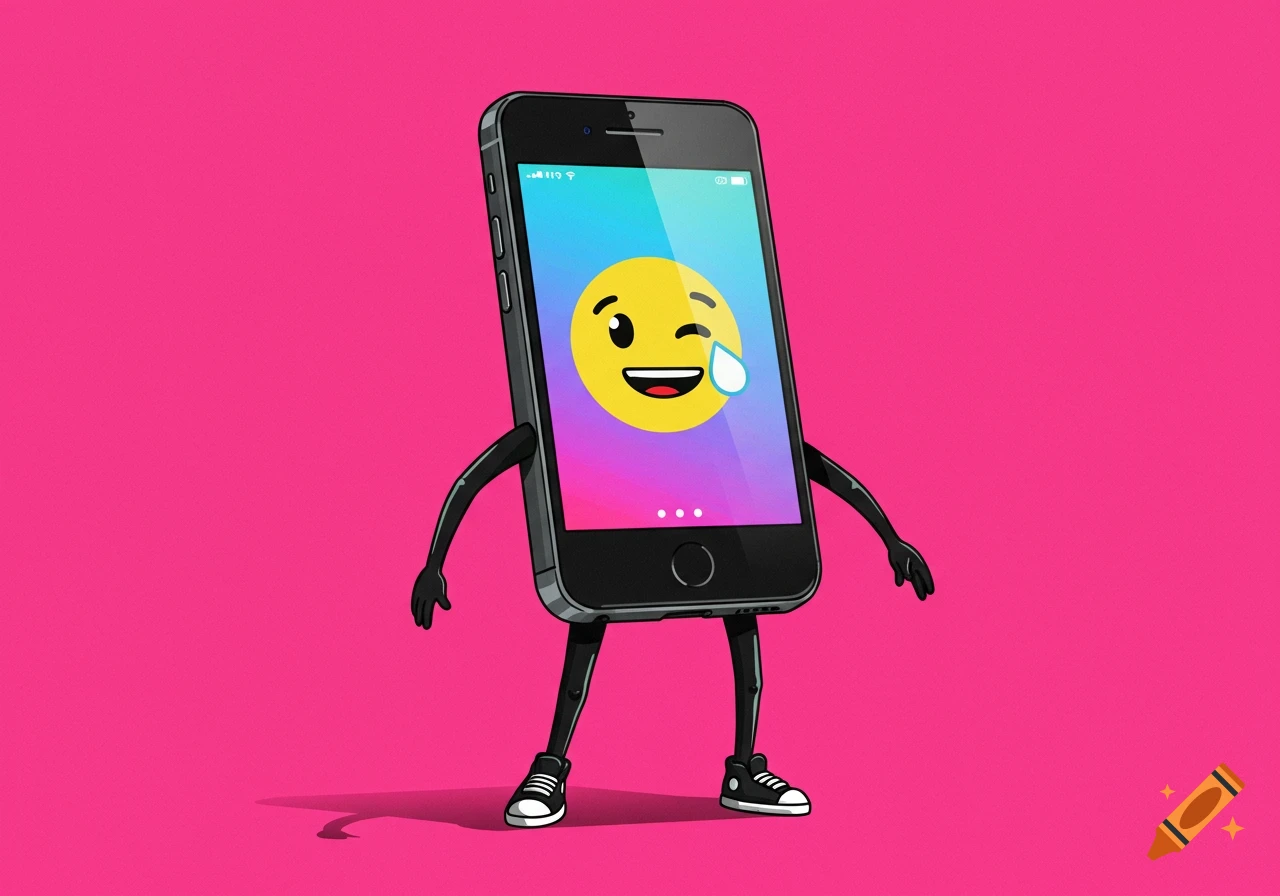 A cartoon anthropomorphic smartphone with black arms and legs, wearing sneakers, stands on a bright pink background. The phone's screen displays a winking, laughing emoji with a tear.