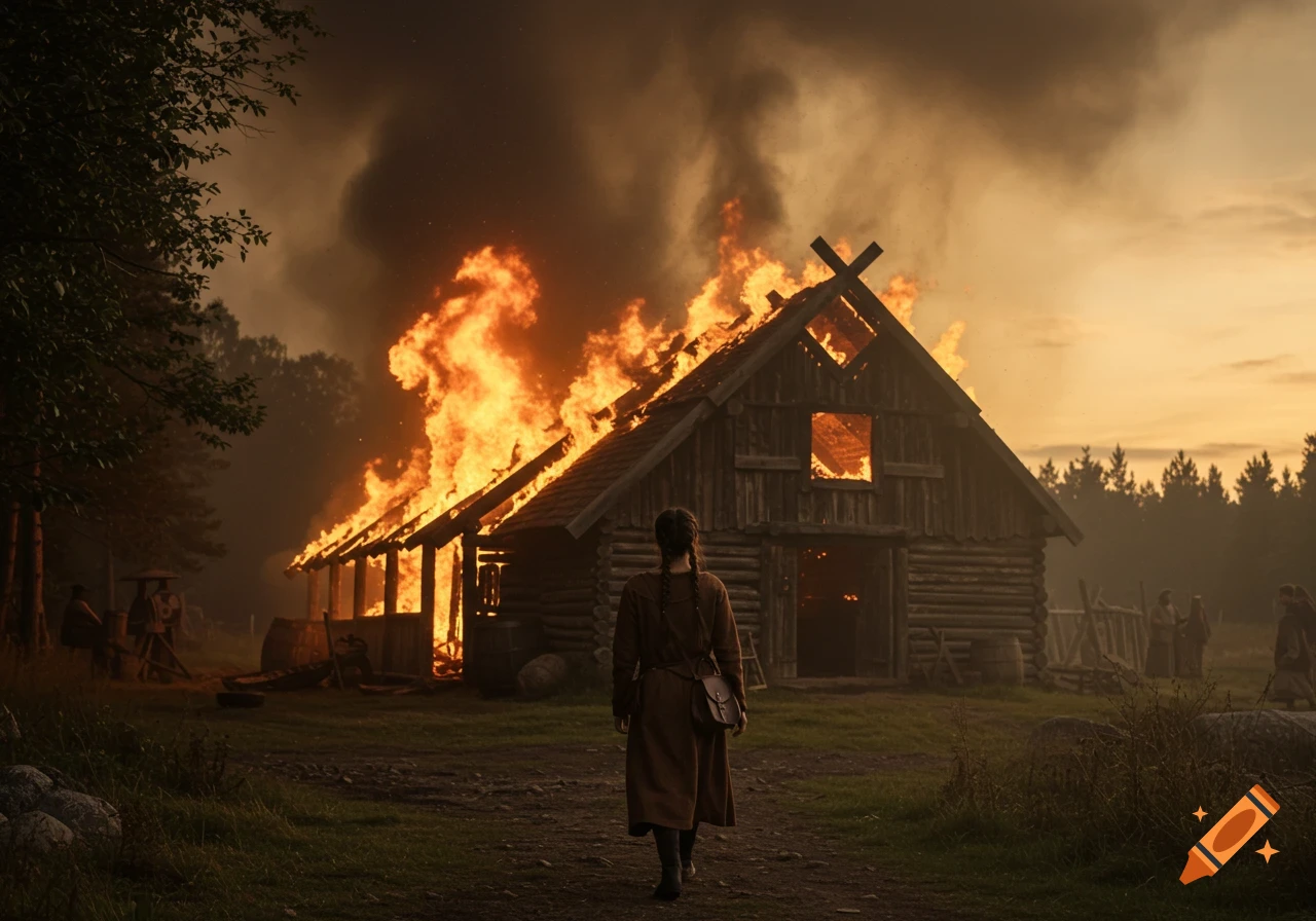 A medieval woman walks away from a large wooden Norse tavern engulfed in flames under a smoky orange sky at dusk.
