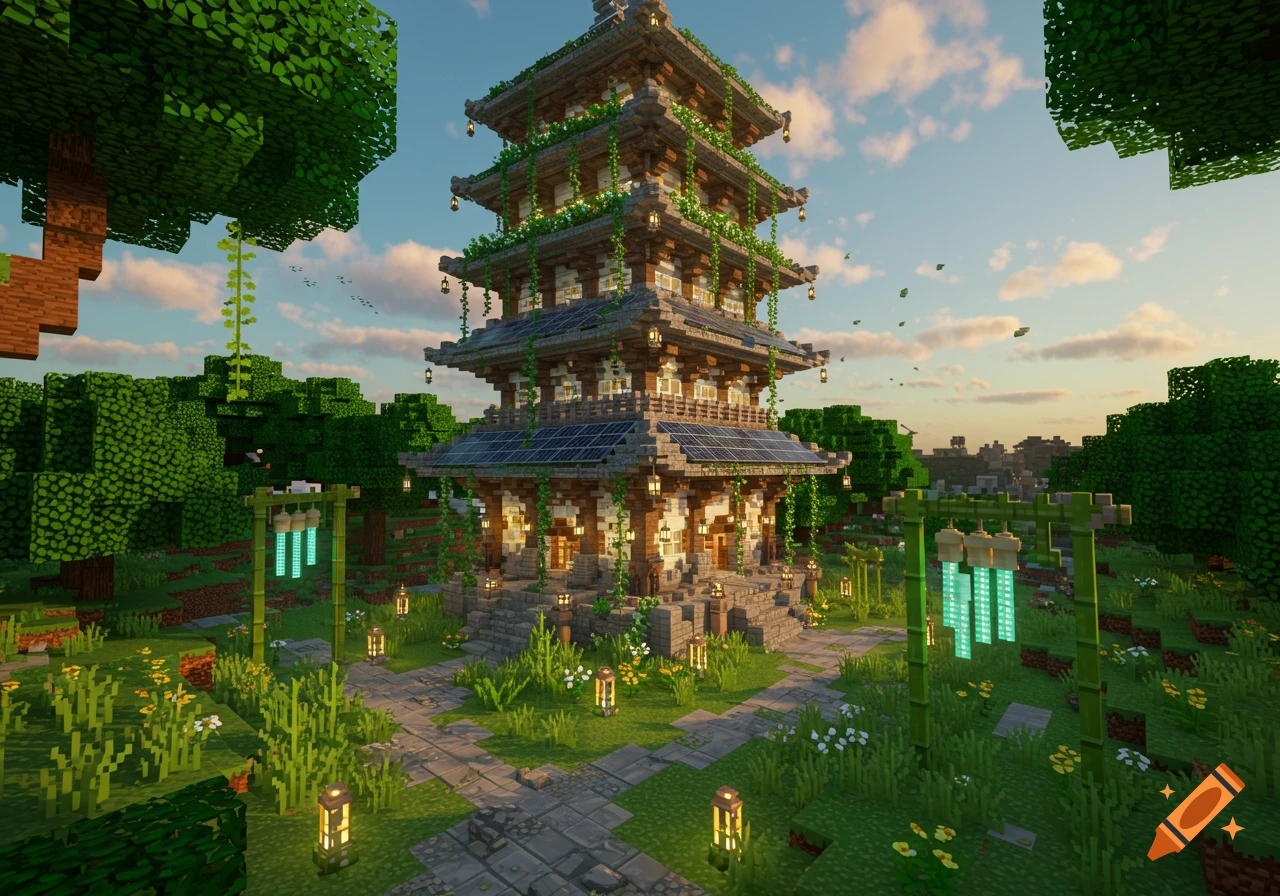 A tall solar-punk style pagoda made of blocks, resembling a Minecraft build, surrounded by lush green trees and a pathway.