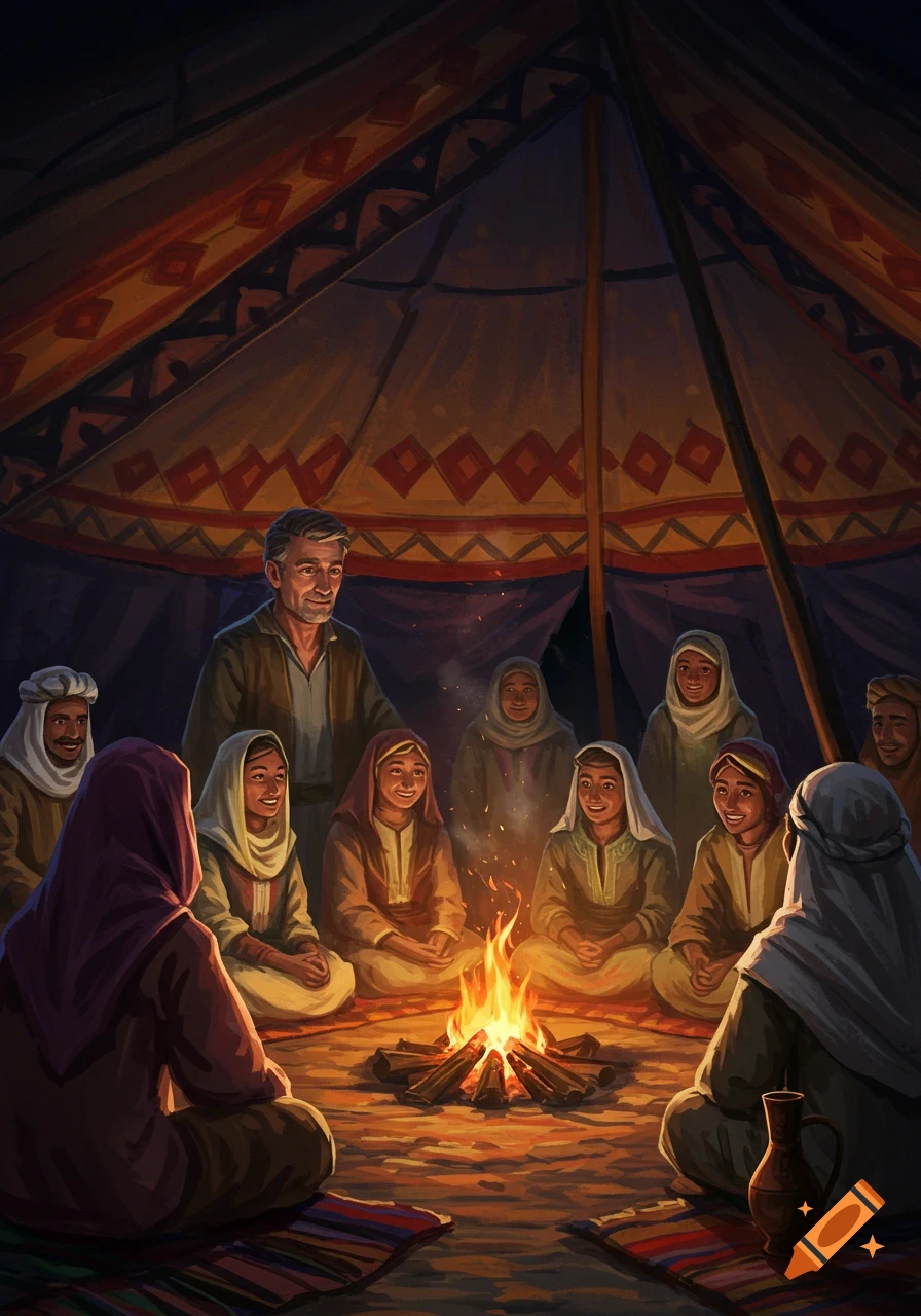An illustration of a group of people gathered around a crackling campfire inside a patterned tent at night.
