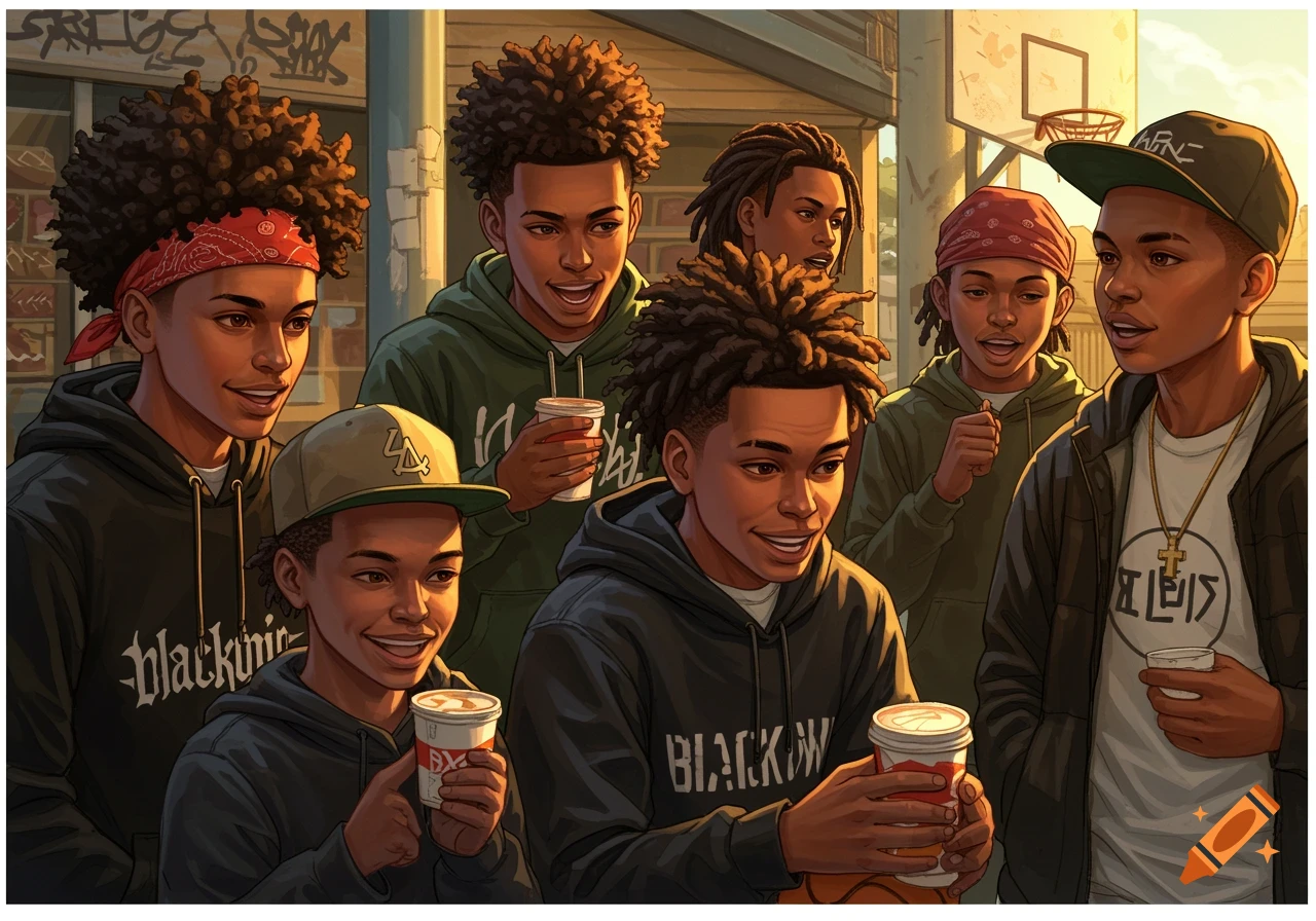 A group of young men with curly hair and dreadlocks, wearing hoodies and hats, holding cups, standing outdoors in an urban setting with a basketball hoop visible.