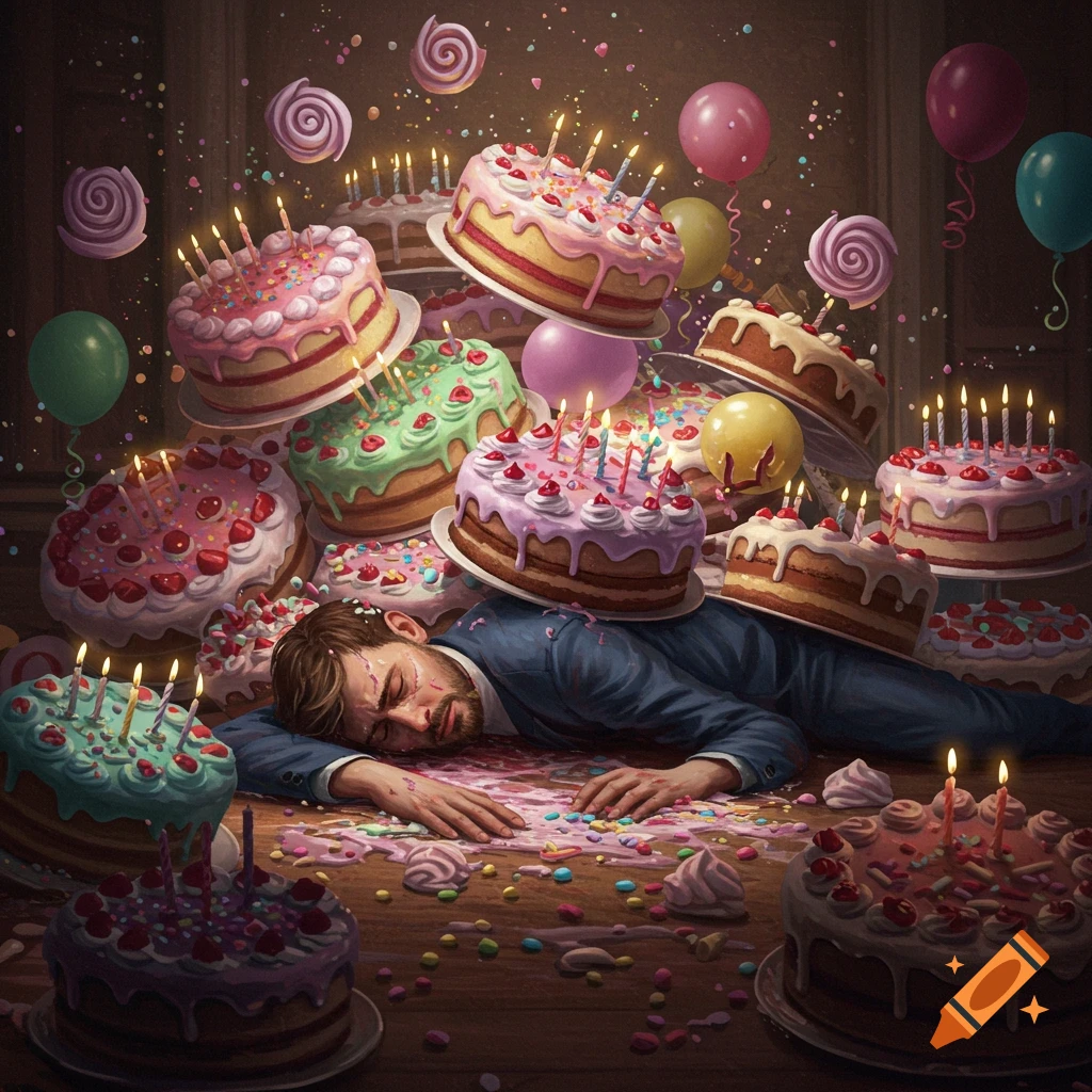 A man lies on a table covered in frosting and sprinkles, seemingly unconscious, as numerous birthday cakes, balloons, and candies float around and on top of him.