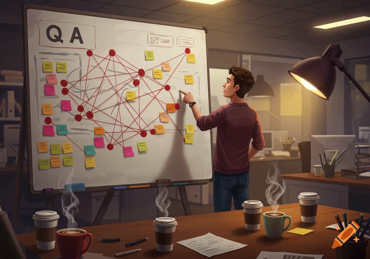 An illustration of a man pointing at a whiteboard with sticky notes and red string in an office.