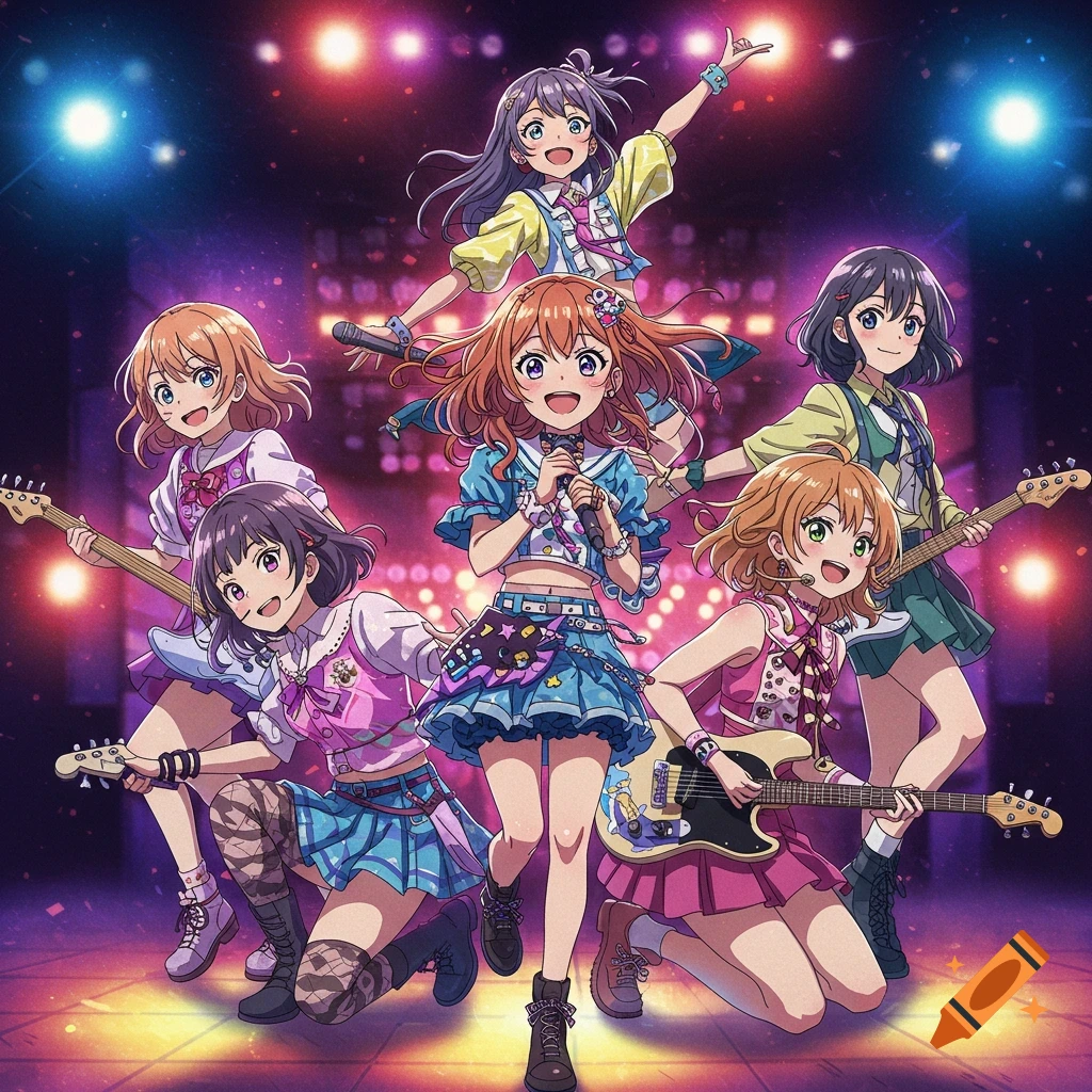 Six anime-style girls in colorful outfits perform on a stage with bright lights, playing instruments.