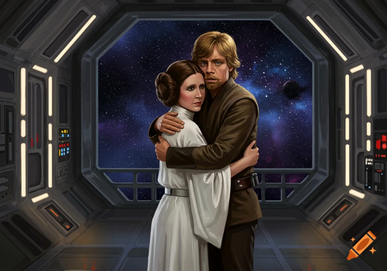Illustration of Luke Skywalker and Leia Organa embracing inside a spaceship looking out at stars.