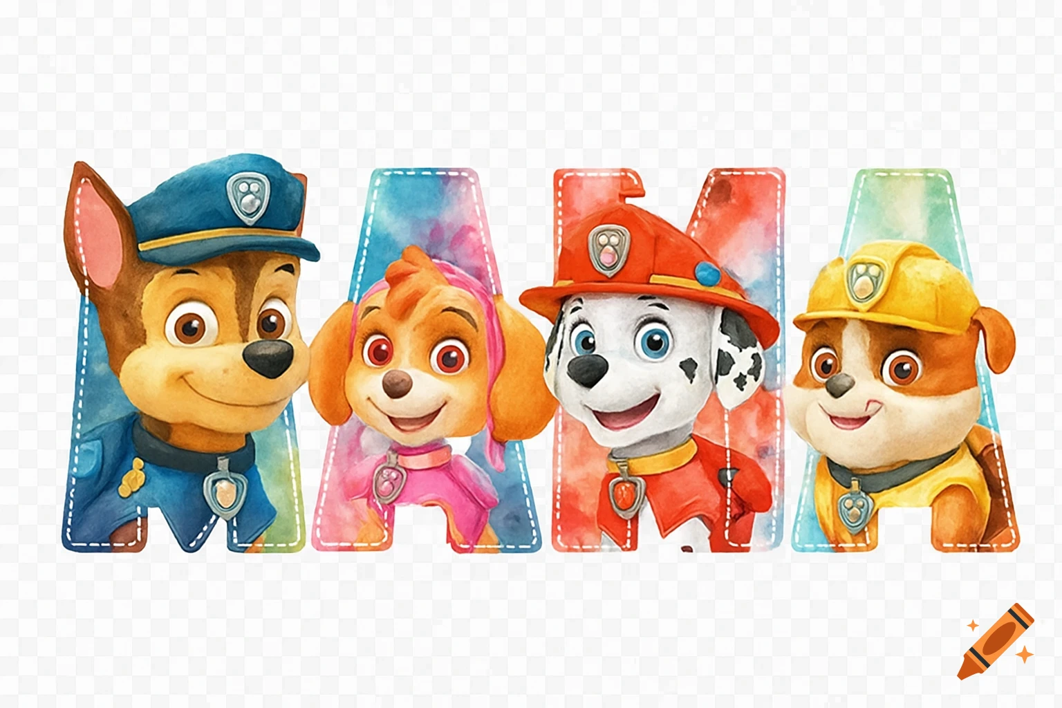 Watercolor illustration of four Paw Patrol characters: Chase, Skye, Marshall, and Rubble, each in front of a letter spelling 'MAMA'.