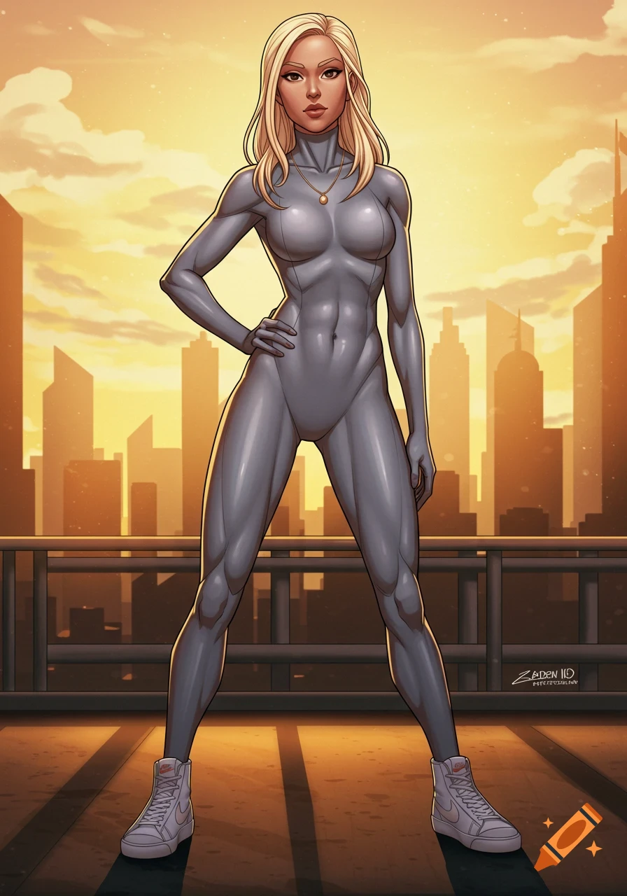 Blonde woman in grey superhero suit and white sneakers stands on a rooftop at sunset, comic art style.