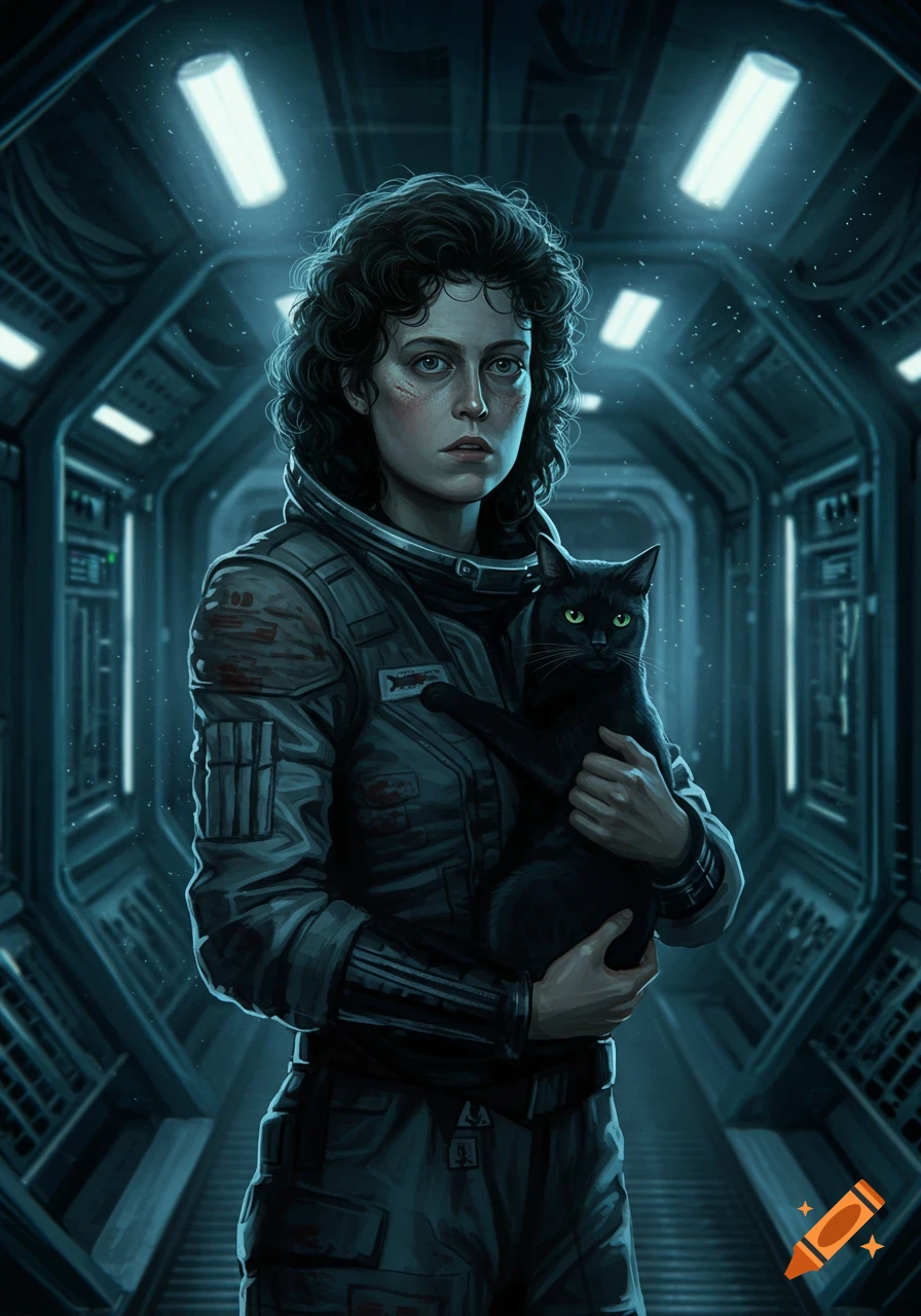 Digital illustration of Ellen Ripley holding a black cat protectively in a dark, futuristic spaceship corridor.