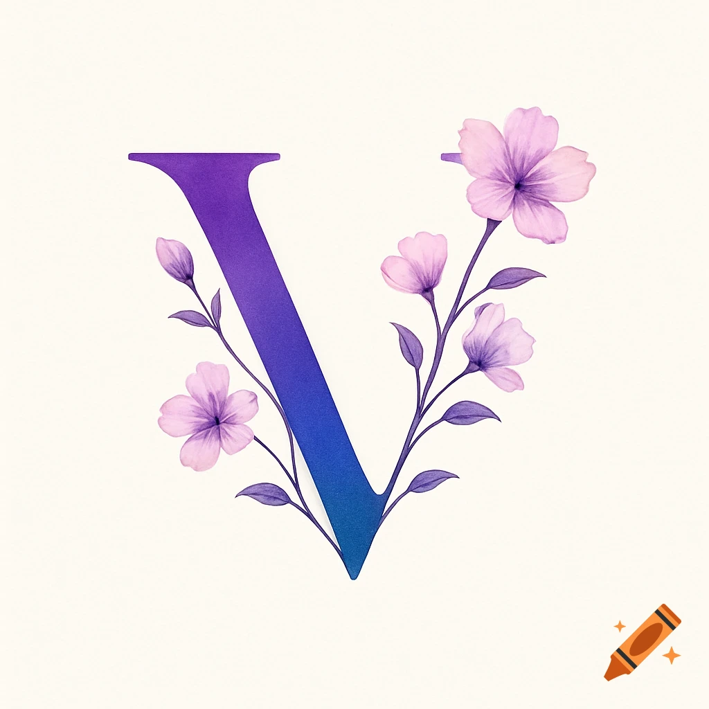 Purple and blue gradient letter V surrounded by light pink watercolor flowers and green vines.