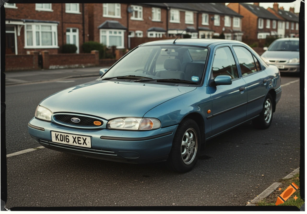 A light blue Ford Mondeo sedan is parked on the side of a residential street, with brick houses in the background.
