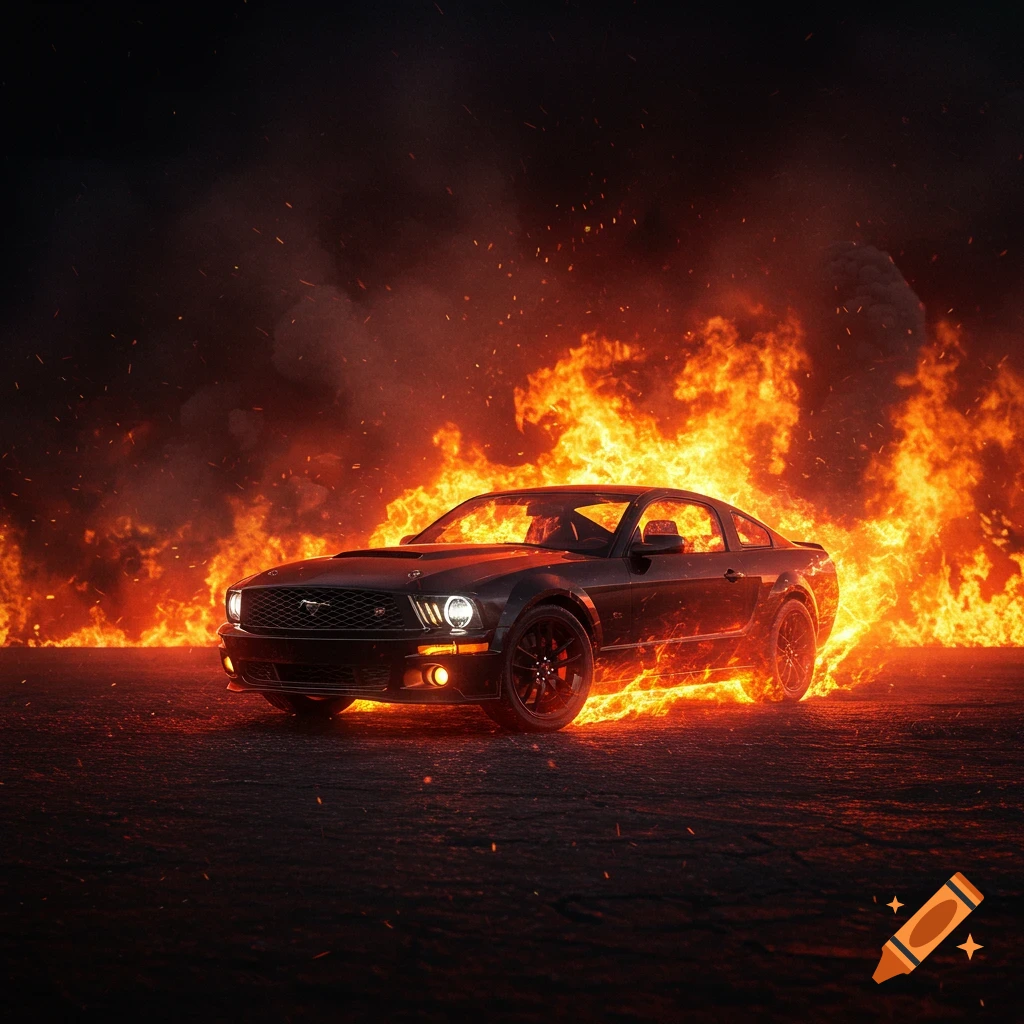 A black Ford Mustang sports car is engulfed in bright orange flames and embers, on a dark, desolate ground.