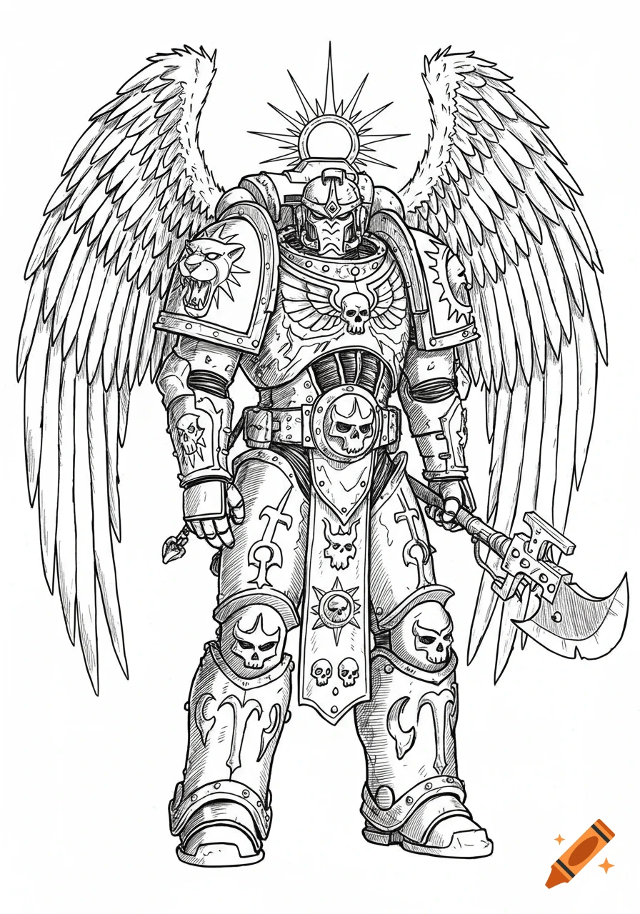 Black and white line drawing of Sanguinius from Warhammer 40k, a winged, armored warrior holding an axe.