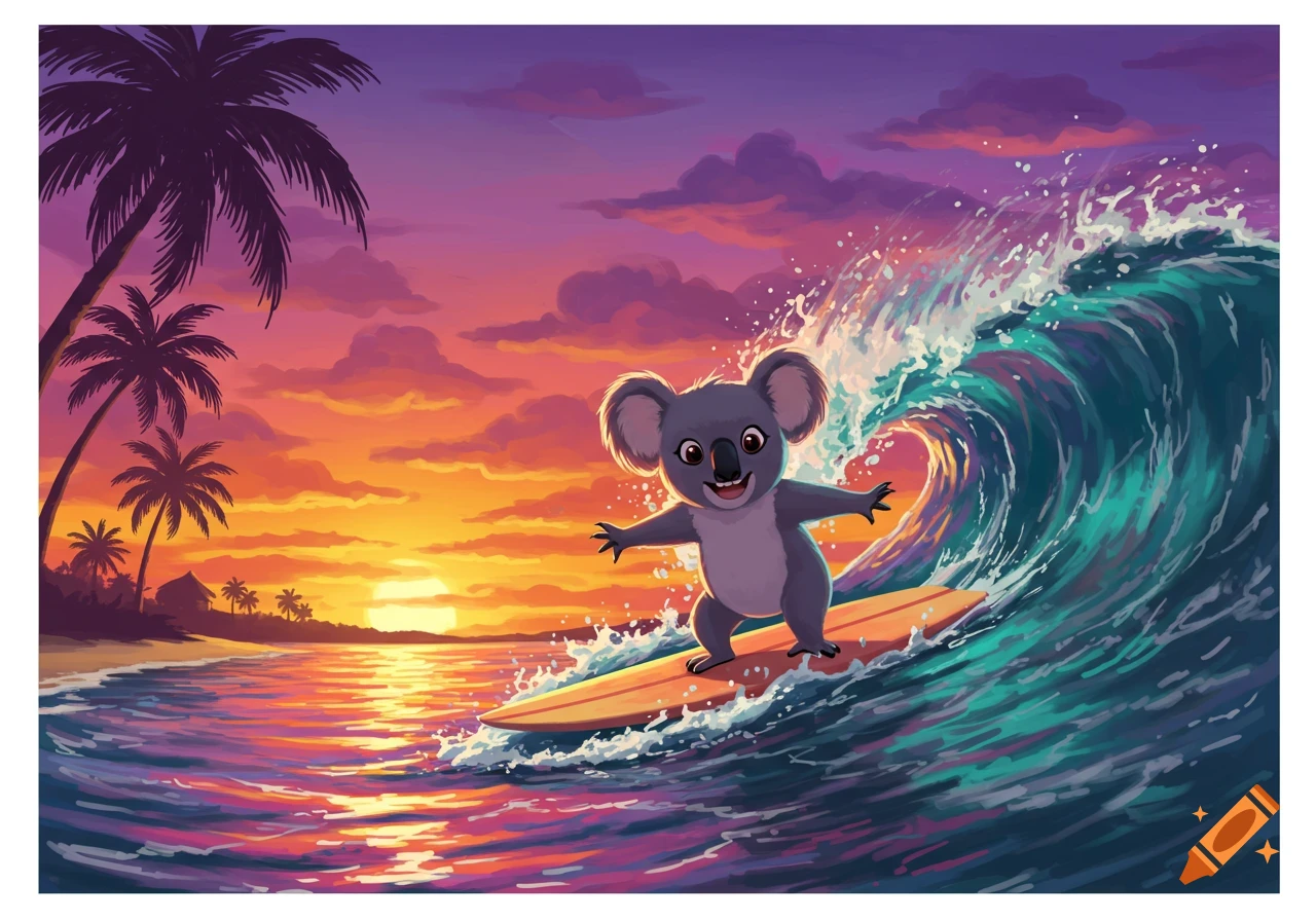 A happy cartoon koala surfs a large wave at sunset, with palm trees silhouetted on a tropical beach.