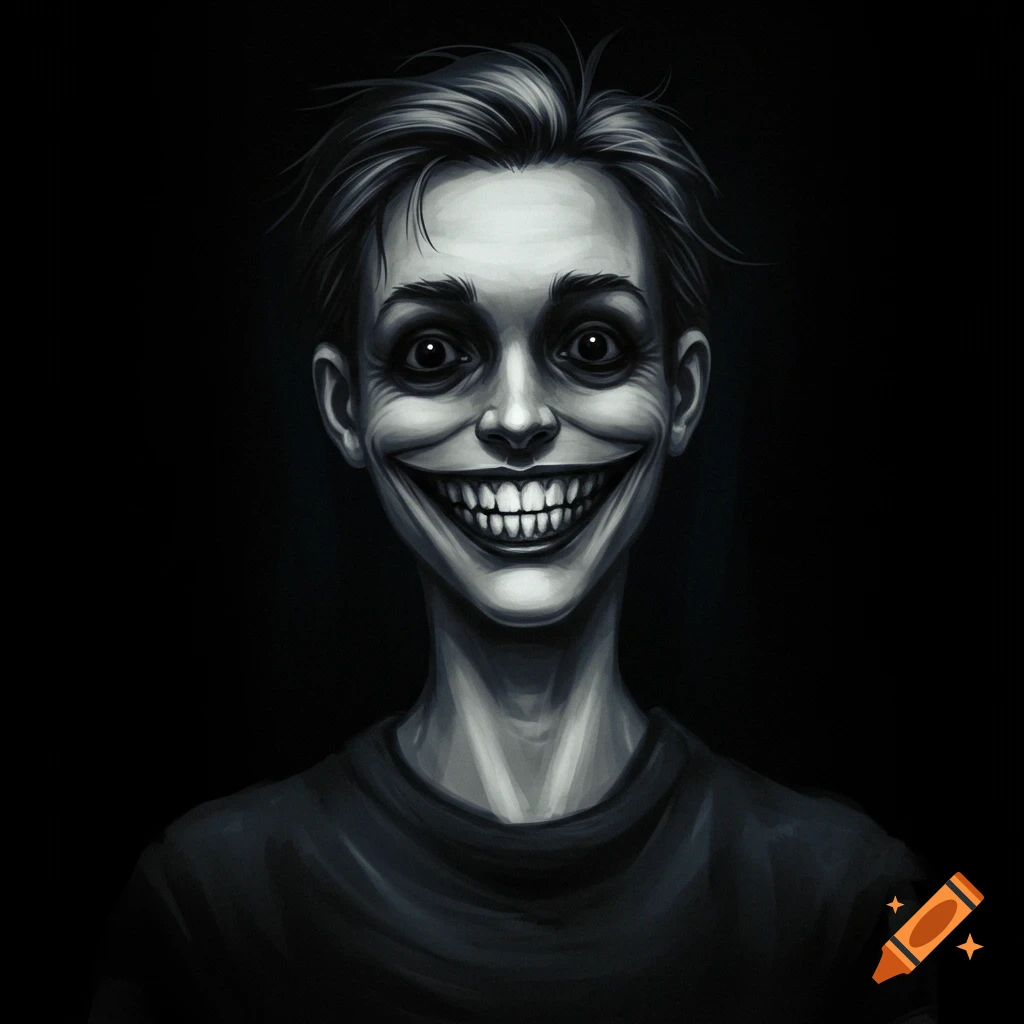 A black and white portrait of a person with a wide, unsettling grin and large eyes, creating a creepy, horror aesthetic.