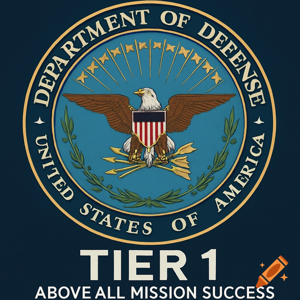 Seal of the US Department of Defense with an eagle and shield. Text reads 'TIER 1, ABOVE ALL MISSION SUCCESS'.